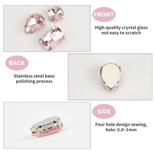 SOLASTA 150PCS Sew-On Glass Rhinestones with Stainless Steel Prong Setting, Mixed Shapes, Includes 1 Set Multiple Size Needles & 1 Roll Matching Thread for Jewelry, Clothes, Shoes" (Rainbow)