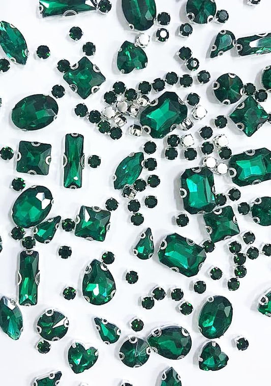 SOLASTA 150PCS Sew-On Glass Rhinestones with Stainless Steel Prong Setting, Mixed Shapes, Includes 1 Set Multiple Size Needles & 1 Roll Matching Thread for Jewelry, Clothes, Shoes" (Emerald Green)