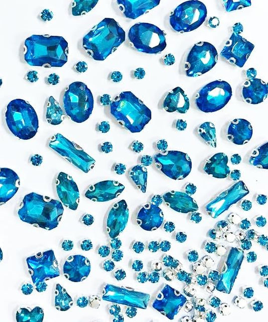 SOLASTA 150PCS Sew-On Glass Rhinestones with Stainless Steel Prong Setting, Mixed Shapes, Includes 1 Set Multiple Size Needles & 1 Roll Matching Thread for Jewelry, Clothes, Shoes" (Aqua Blue)