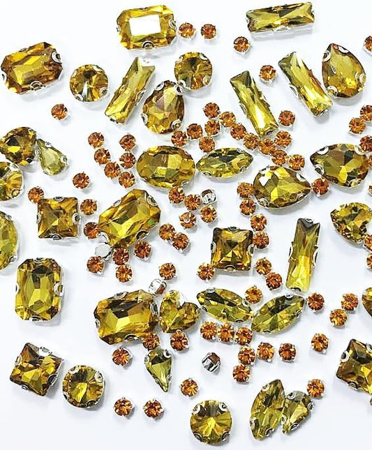 SOLASTA 150PCS Sew-On Glass Rhinestones with Stainless Steel Prong Setting, Mixed Shapes, Includes 1 Set Multiple Size Needles & 1 Roll Matching Thread for Jewelry, Clothes, Shoes" (Golden)