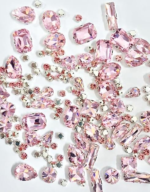 SOLASTA 150PCS Sew-On Glass Rhinestones with Stainless Steel Prong Setting, Mixed Shapes, Includes 1 Set Multiple Size Needles & 1 Roll Matching Thread for Jewelry, Clothes, Shoes" (Baby Pink)