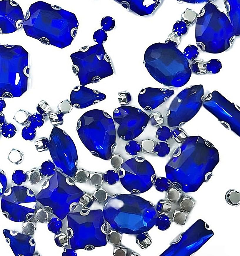 SOLASTA 150PCS Sew-On Glass Rhinestones with Stainless Steel Prong Setting, Mixed Shapes, Includes 1 Set Multiple Size Needles & 1 Roll Matching Thread for Jewelry, Clothes, Shoes" (Saphire)