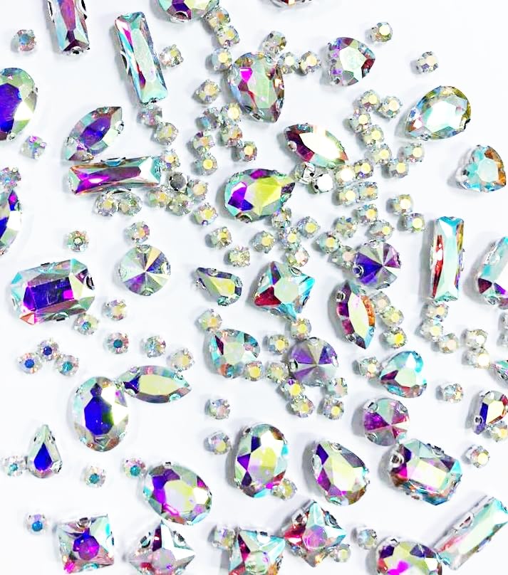 SOLASTA 150PCS Sew-On Glass Rhinestones with Stainless Steel Prong Setting, Mixed Shapes, Includes 1 Set Multiple Size Needles & 1 Roll Matching Thread for Jewelry, Clothes, Shoes" (Rainbow)