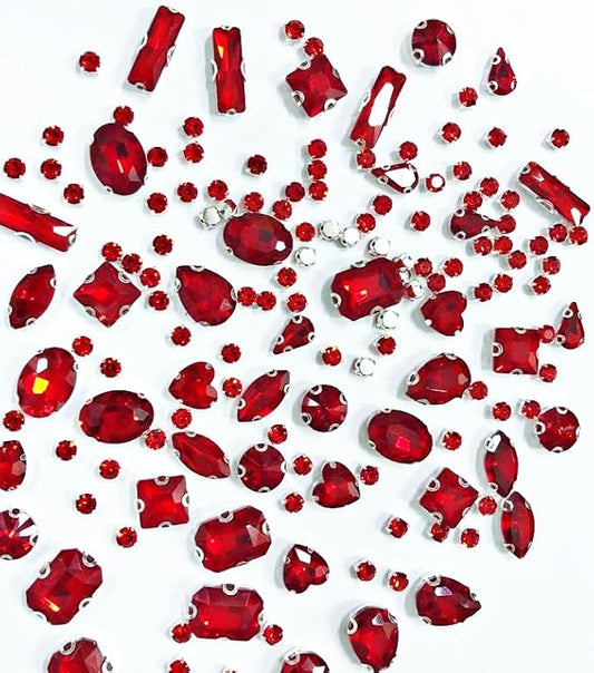 SOLASTA 150PCS Sew-On Glass Rhinestones with Stainless Steel Prong Setting, Mixed Shapes, Includes 1 Set Multiple Size Needles & 1 Roll Matching Thread for Jewelry, Clothes, Shoes" (Hot Red)