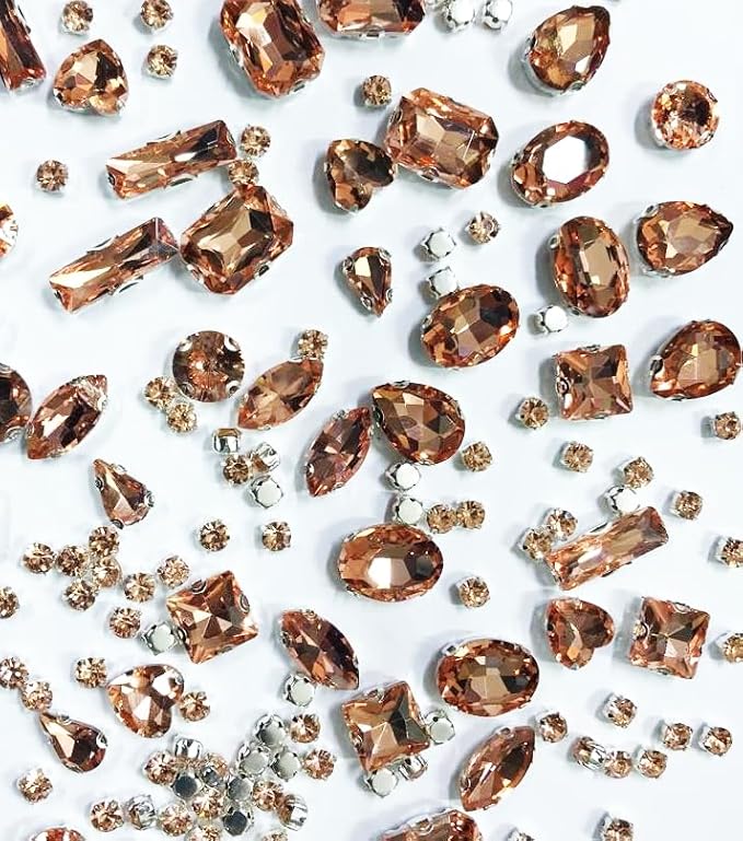 SOLASTA 150PCS Sew-On Glass Rhinestones with Stainless Steel Prong Setting, Mixed Shapes, Includes 1 Set Multiple Size Needles & 1 Roll Matching Thread for Jewelry, Clothes, Shoes" (Peach)