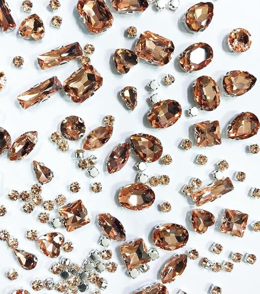 SOLASTA 150PCS Sew-On Glass Rhinestones with Stainless Steel Prong Setting, Mixed Shapes, Includes 1 Set Multiple Size Needles & 1 Roll Matching Thread for Jewelry, Clothes, Shoes" (Peach)