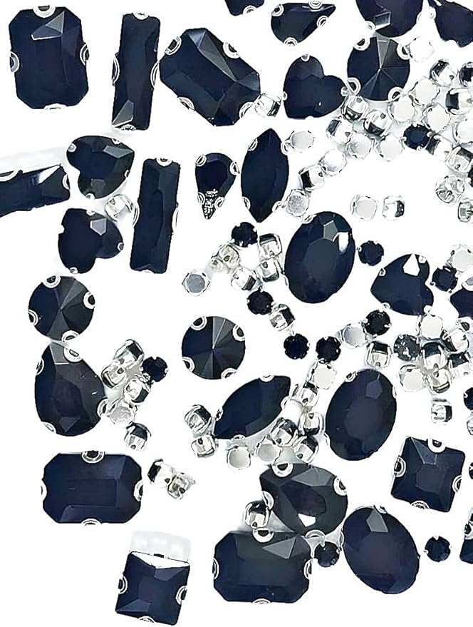 SOLASTA 150PCS Sew-On Glass Rhinestones with Stainless Steel Prong Setting, Mixed Shapes, Includes 1 Set Multiple Size Needles & 1 Roll Matching Thread for Jewelry, Clothes, Shoes" (Black)
