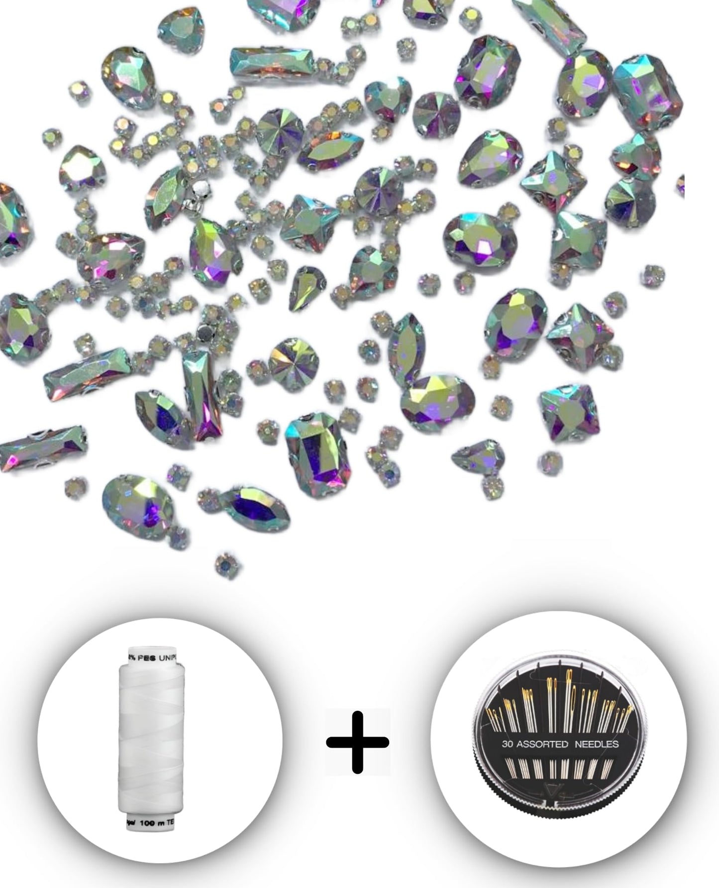 SOLASTA 150PCS Sew-On Glass Rhinestones with Stainless Steel Prong Setting, Mixed Shapes, Includes 1 Set Multiple Size Needles & 1 Roll Matching Thread for Jewelry, Clothes, Shoes" (Rainbow)