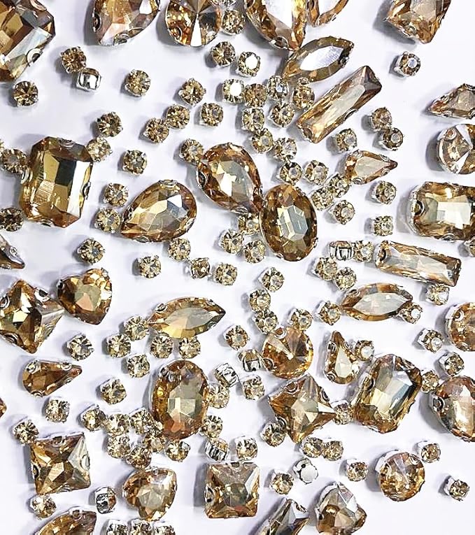 SOLASTA 150PCS Sew-On Glass Rhinestones with Stainless Steel Prong Setting, Mixed Shapes, Includes 1 Set Multiple Size Needles & 1 Roll Matching Thread for Jewelry, Clothes, Shoes" (Champagne)