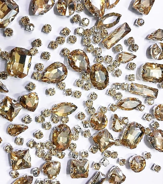 SOLASTA 150PCS Sew-On Glass Rhinestones with Stainless Steel Prong Setting, Mixed Shapes, Includes 1 Set Multiple Size Needles & 1 Roll Matching Thread for Jewelry, Clothes, Shoes" (Champagne)