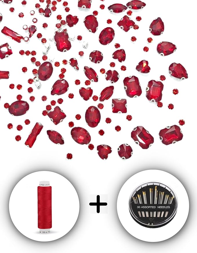 SOLASTA 150PCS Sew-On Glass Rhinestones with Stainless Steel Prong Setting, Mixed Shapes, Includes 1 Set Multiple Size Needles & 1 Roll Matching Thread for Jewelry, Clothes, Shoes" (Hot Red)