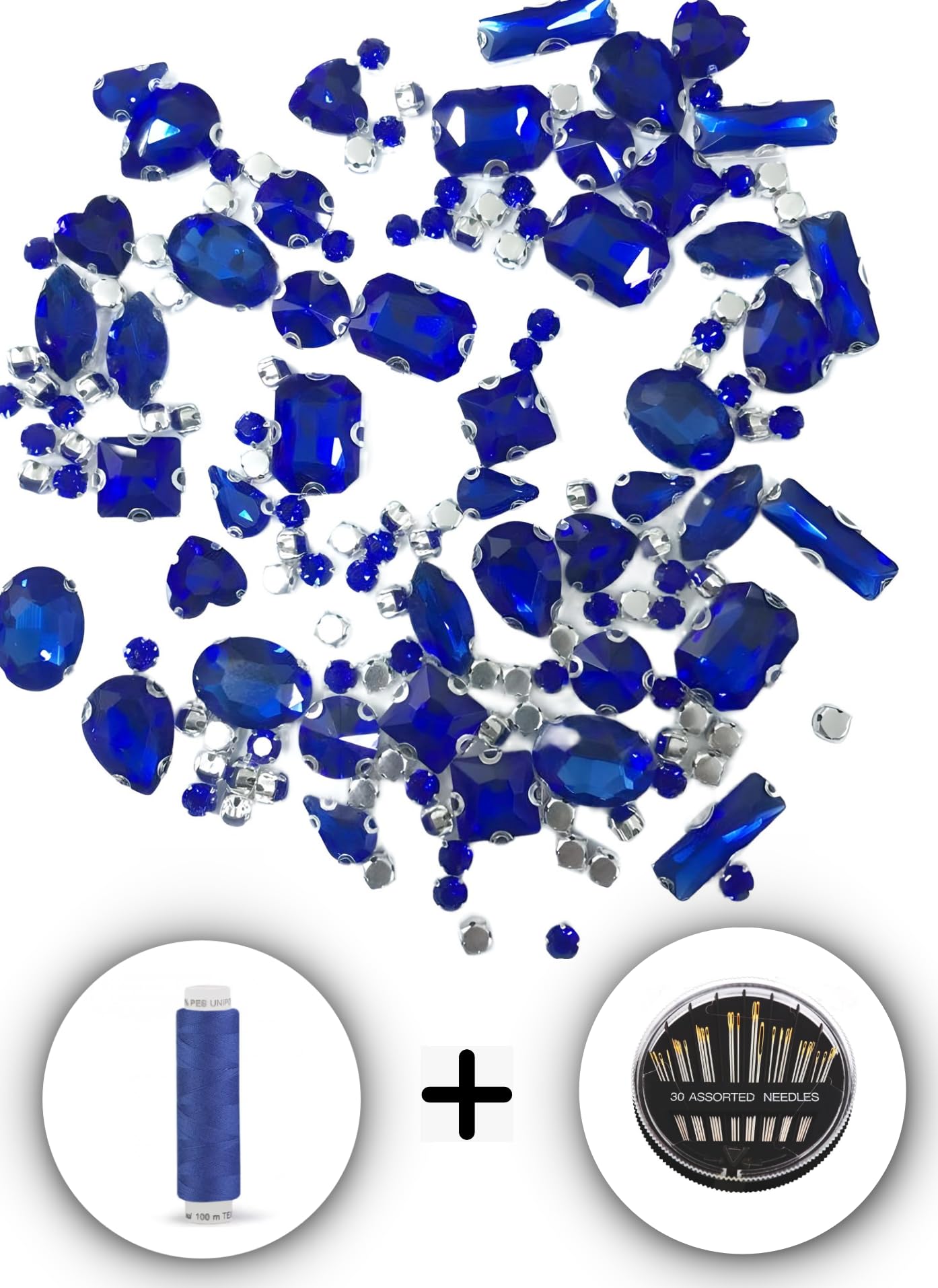 SOLASTA 150PCS Sew-On Glass Rhinestones with Stainless Steel Prong Setting, Mixed Shapes, Includes 1 Set Multiple Size Needles & 1 Roll Matching Thread for Jewelry, Clothes, Shoes" (Saphire)