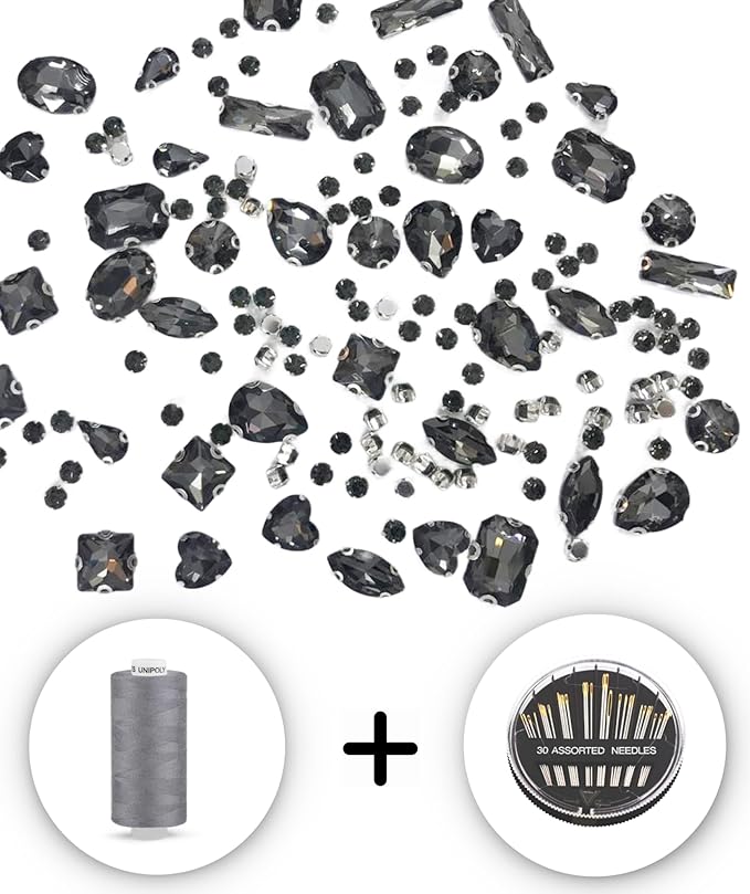 SOLASTA 150PCS Sew-On Glass Rhinestones with Stainless Steel Prong Setting, Mixed Shapes, Includes 1 Set Multiple Size Needles & 1 Roll Matching Thread for Jewelry, Clothes, Shoes" (Grey)