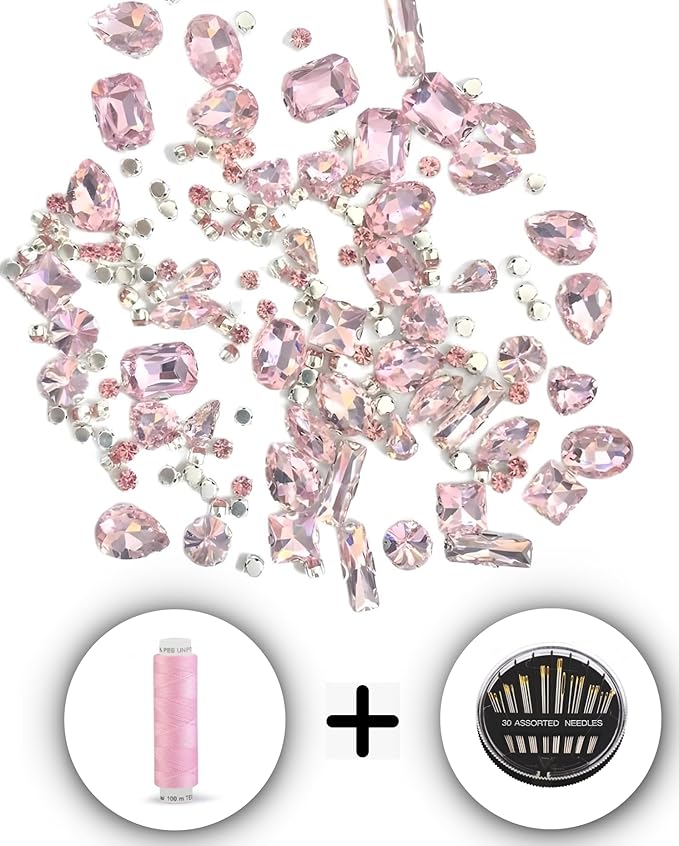 SOLASTA 150PCS Sew-On Glass Rhinestones with Stainless Steel Prong Setting, Mixed Shapes, Includes 1 Set Multiple Size Needles & 1 Roll Matching Thread for Jewelry, Clothes, Shoes" (Baby Pink)