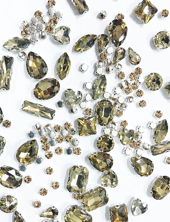 SOLASTA 150PCS Sew-On Glass Rhinestones with Stainless Steel Prong Setting, Mixed Shapes, Includes 1 Set Multiple Size Needles & 1 Roll Matching Thread for Jewelry, Clothes, Shoes" (Brown)