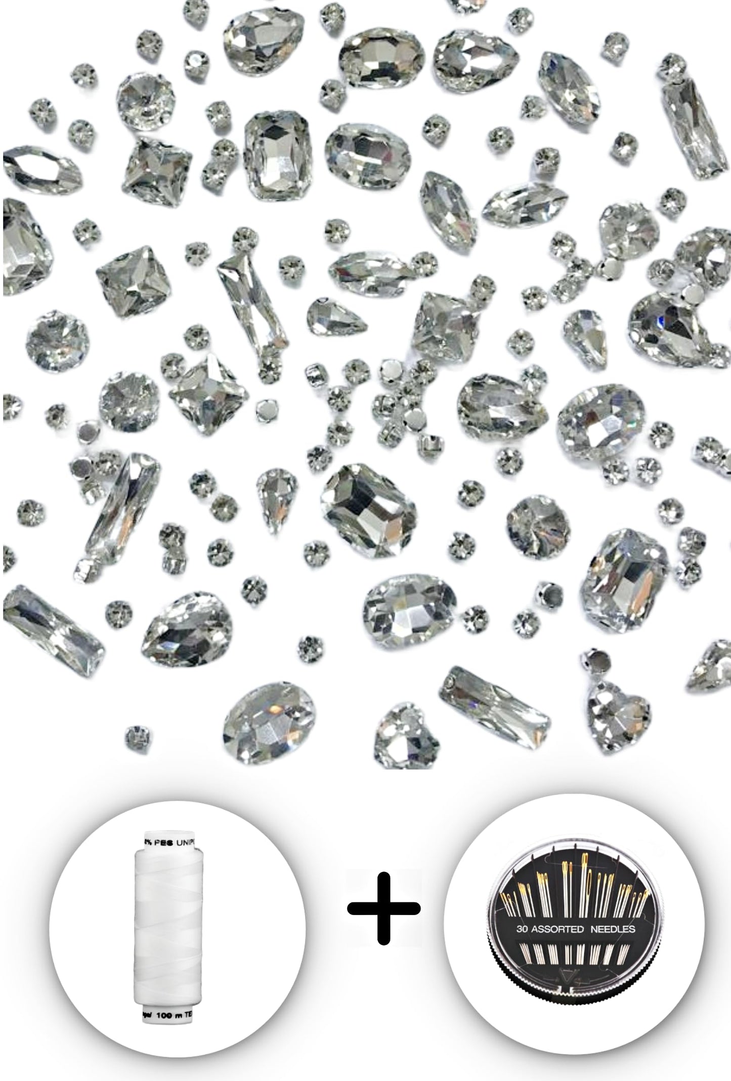 SOLASTA 150PCS Sew-On Glass Rhinestones with Stainless Steel Prong Setting, Mixed Shapes, Includes 1 Set Multiple Size Needles & 1 Roll Matching Thread for Jewelry, Clothes, Shoes" (Clear)