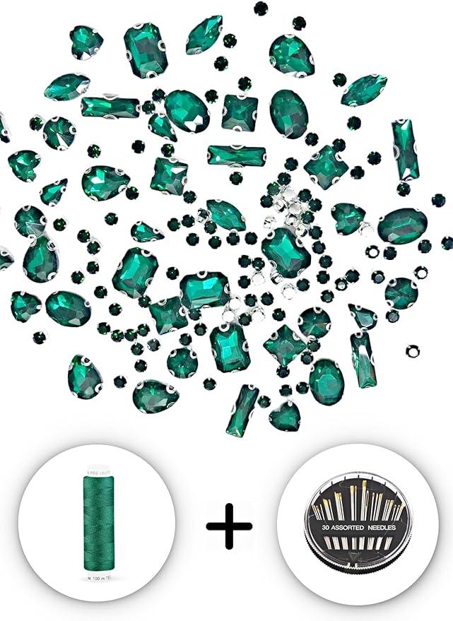 SOLASTA 150PCS Sew-On Glass Rhinestones with Stainless Steel Prong Setting, Mixed Shapes, Includes 1 Set Multiple Size Needles & 1 Roll Matching Thread for Jewelry, Clothes, Shoes" (Emerald Green)