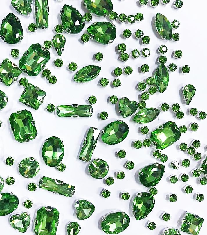 SOLASTA 150PCS Sew-On Glass Rhinestones with Stainless Steel Prong Setting, Mixed Shapes, Includes 1 Set Multiple Size Needles & 1 Roll Matching Thread for Jewelry, Clothes, Shoes" (Peridot Green)