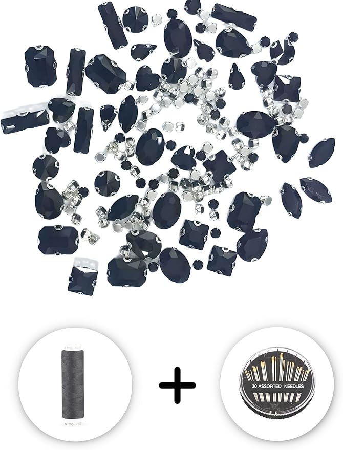 SOLASTA 150PCS Sew-On Glass Rhinestones with Stainless Steel Prong Setting, Mixed Shapes, Includes 1 Set Multiple Size Needles & 1 Roll Matching Thread for Jewelry, Clothes, Shoes" (Black)