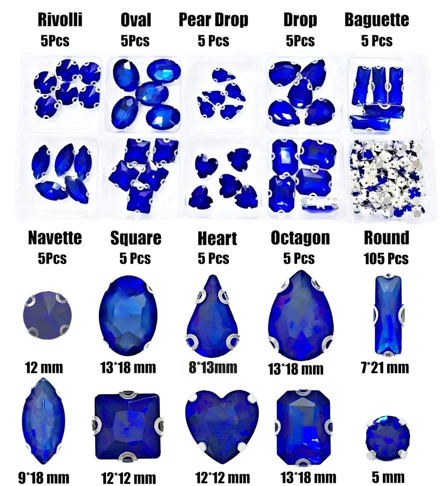 SOLASTA 150PCS Sew-On Glass Rhinestones with Stainless Steel Prong Setting, Mixed Shapes, Includes 1 Set Multiple Size Needles & 1 Roll Matching Thread for Jewelry, Clothes, Shoes" (Saphire)