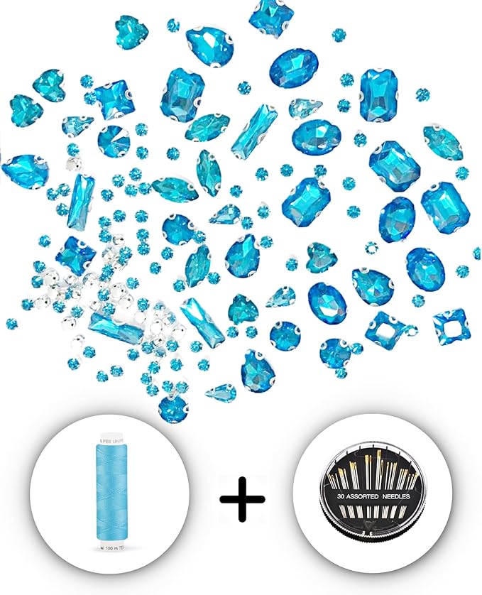 SOLASTA 150PCS Sew-On Glass Rhinestones with Stainless Steel Prong Setting, Mixed Shapes, Includes 1 Set Multiple Size Needles & 1 Roll Matching Thread for Jewelry, Clothes, Shoes" (Aqua Blue)