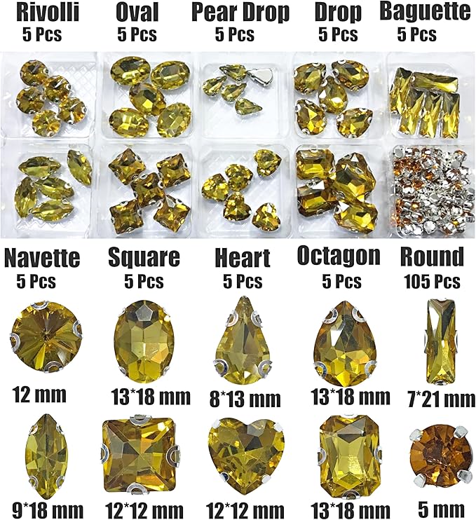 SOLASTA 150PCS Sew-On Glass Rhinestones with Stainless Steel Prong Setting, Mixed Shapes, Includes 1 Set Multiple Size Needles & 1 Roll Matching Thread for Jewelry, Clothes, Shoes" (Golden)