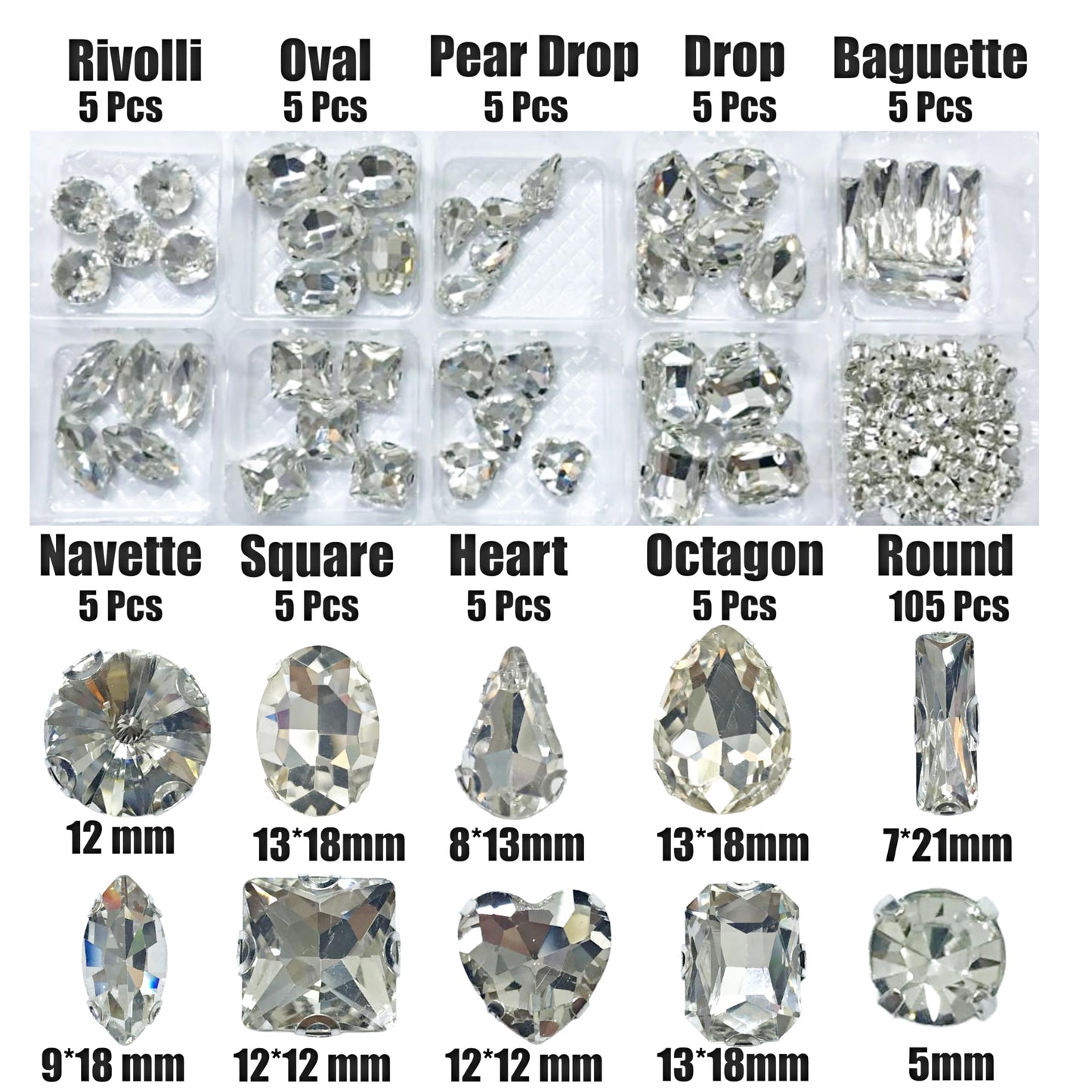 SOLASTA 150PCS Sew-On Glass Rhinestones with Stainless Steel Prong Setting, Mixed Shapes, Includes 1 Set Multiple Size Needles & 1 Roll Matching Thread for Jewelry, Clothes, Shoes" (Clear)