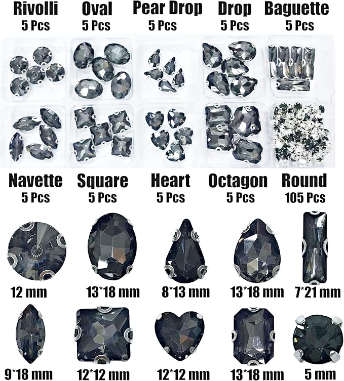 SOLASTA 150PCS Sew-On Glass Rhinestones with Stainless Steel Prong Setting, Mixed Shapes, Includes 1 Set Multiple Size Needles & 1 Roll Matching Thread for Jewelry, Clothes, Shoes" (Grey)