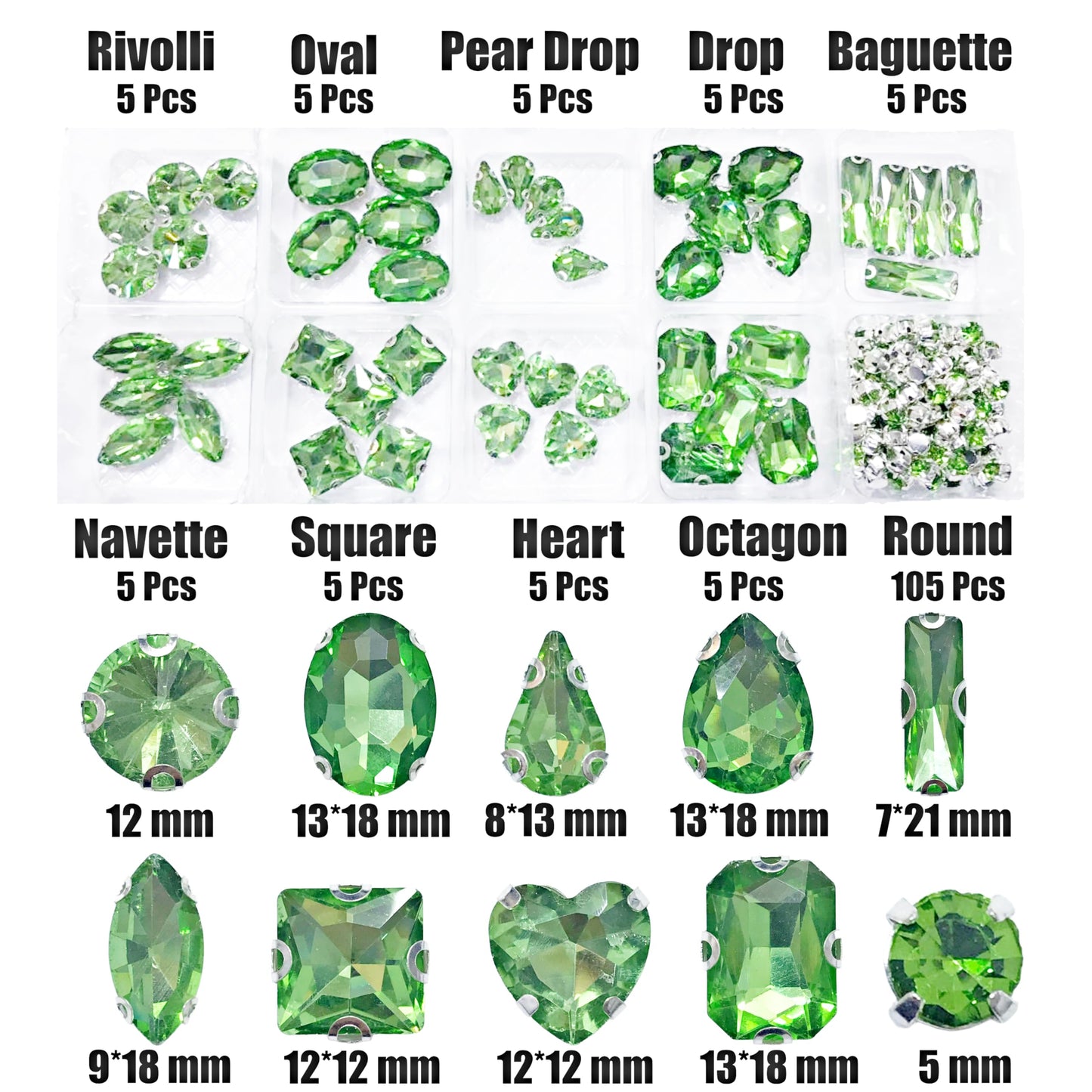 SOLASTA 150PCS Sew-On Glass Rhinestones with Stainless Steel Prong Setting, Mixed Shapes, Includes 1 Set Multiple Size Needles & 1 Roll Matching Thread for Jewelry, Clothes, Shoes" (Peridot Green)