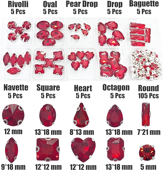SOLASTA 150PCS Sew-On Glass Rhinestones with Stainless Steel Prong Setting, Mixed Shapes, Includes 1 Set Multiple Size Needles & 1 Roll Matching Thread for Jewelry, Clothes, Shoes" (Hot Red)