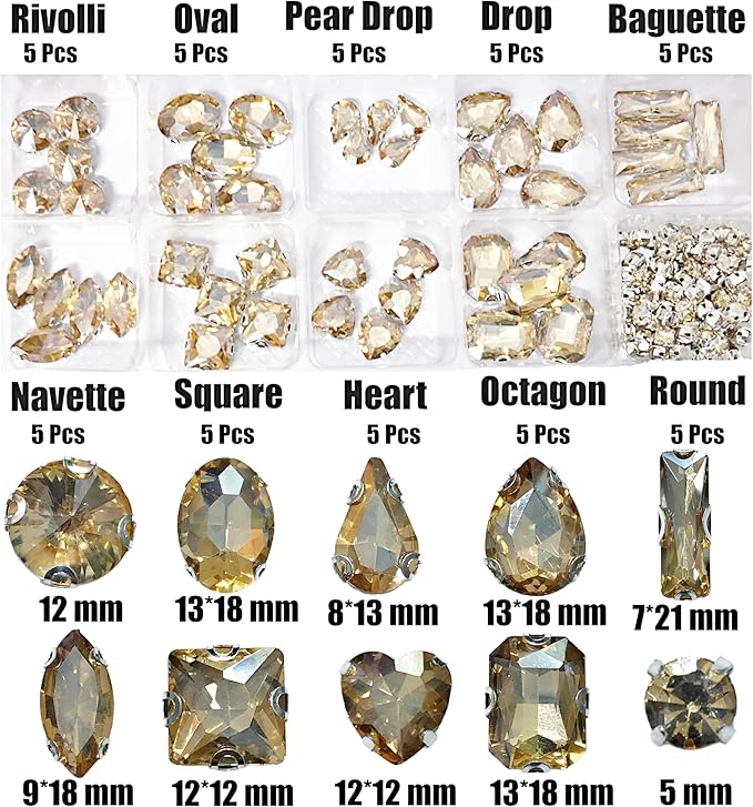 SOLASTA 150PCS Sew-On Glass Rhinestones with Stainless Steel Prong Setting, Mixed Shapes, Includes 1 Set Multiple Size Needles & 1 Roll Matching Thread for Jewelry, Clothes, Shoes" (Champagne)