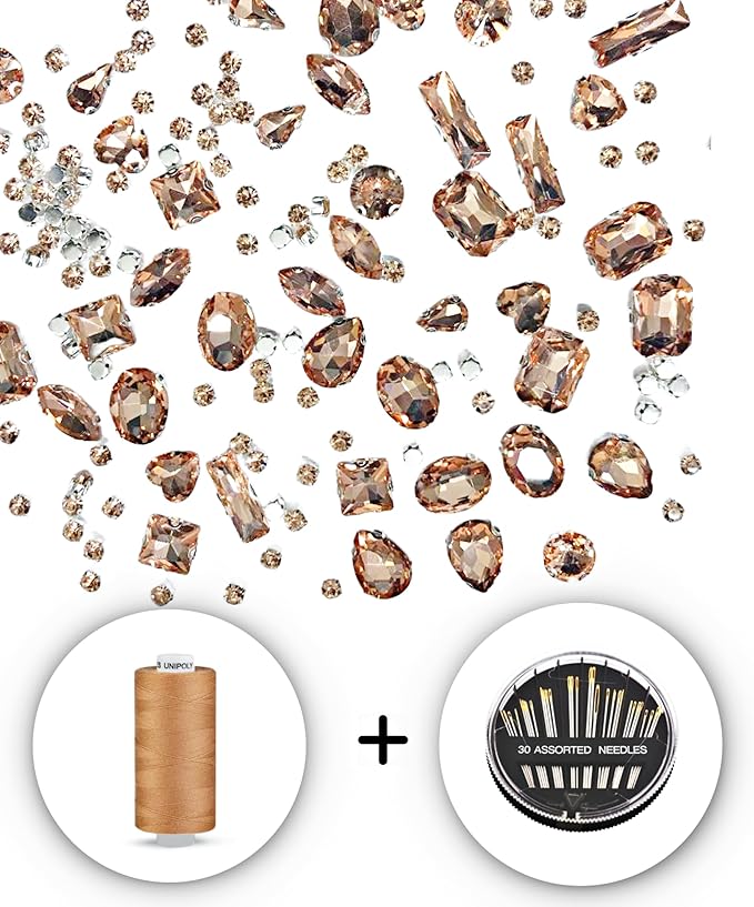 SOLASTA 150PCS Sew-On Glass Rhinestones with Stainless Steel Prong Setting, Mixed Shapes, Includes 1 Set Multiple Size Needles & 1 Roll Matching Thread for Jewelry, Clothes, Shoes" (Peach)