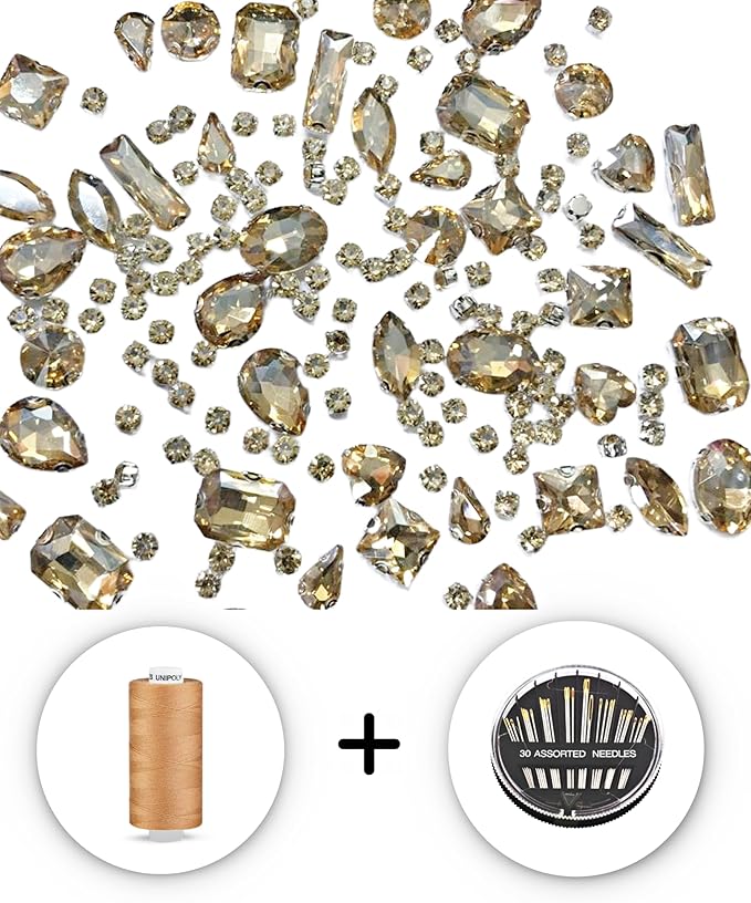 SOLASTA 150PCS Sew-On Glass Rhinestones with Stainless Steel Prong Setting, Mixed Shapes, Includes 1 Set Multiple Size Needles & 1 Roll Matching Thread for Jewelry, Clothes, Shoes" (Champagne)