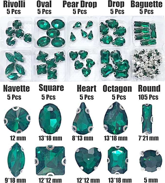 SOLASTA 150PCS Sew-On Glass Rhinestones with Stainless Steel Prong Setting, Mixed Shapes, Includes 1 Set Multiple Size Needles & 1 Roll Matching Thread for Jewelry, Clothes, Shoes" (Emerald Green)