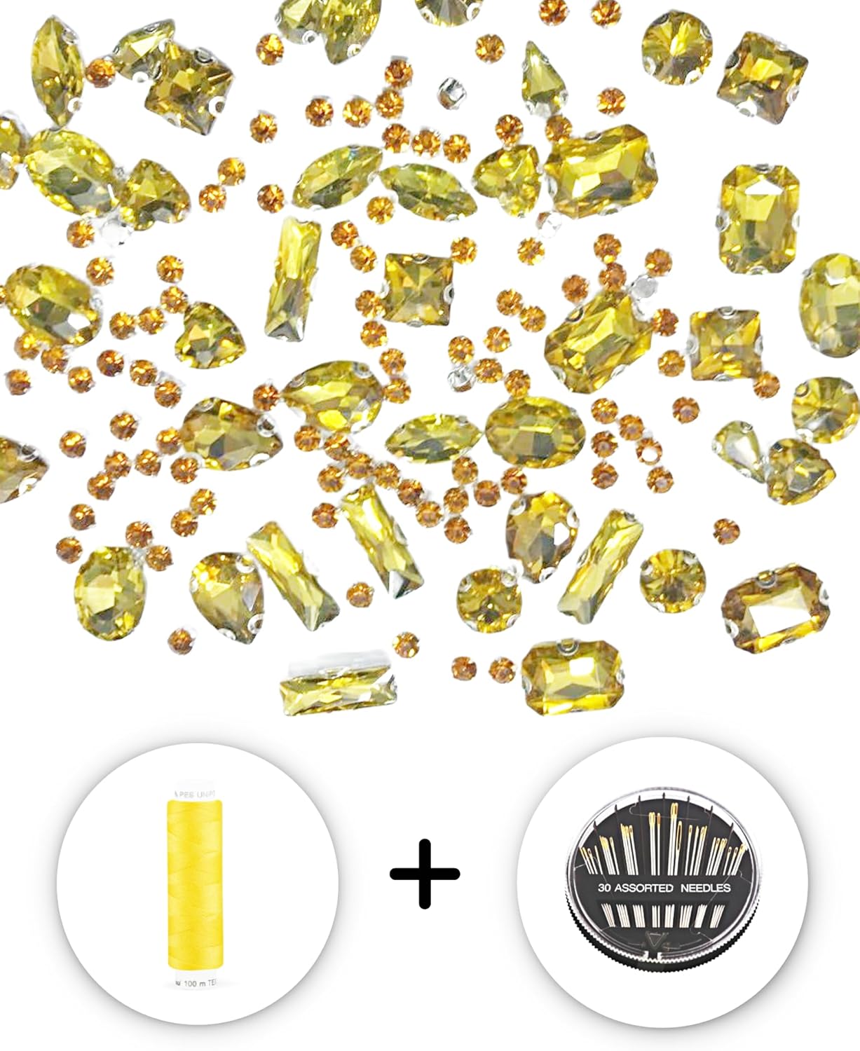 SOLASTA 150PCS Sew-On Glass Rhinestones with Stainless Steel Prong Setting, Mixed Shapes, Includes 1 Set Multiple Size Needles & 1 Roll Matching Thread for Jewelry, Clothes, Shoes" (Golden)
