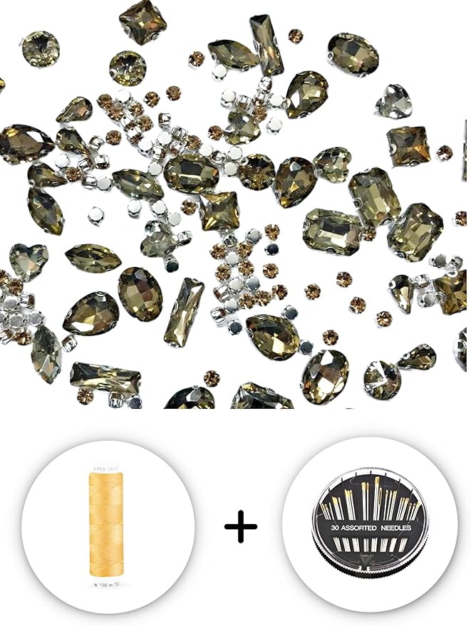 SOLASTA 150PCS Sew-On Glass Rhinestones with Stainless Steel Prong Setting, Mixed Shapes, Includes 1 Set Multiple Size Needles & 1 Roll Matching Thread for Jewelry, Clothes, Shoes" (Brown)