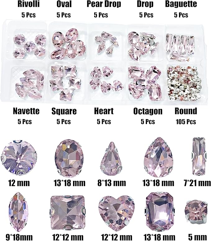 SOLASTA 150PCS Sew-On Glass Rhinestones with Stainless Steel Prong Setting, Mixed Shapes, Includes 1 Set Multiple Size Needles & 1 Roll Matching Thread for Jewelry, Clothes, Shoes" (Baby Pink)