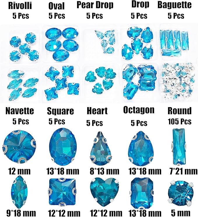 SOLASTA 150PCS Sew-On Glass Rhinestones with Stainless Steel Prong Setting, Mixed Shapes, Includes 1 Set Multiple Size Needles & 1 Roll Matching Thread for Jewelry, Clothes, Shoes" (Aqua Blue)
