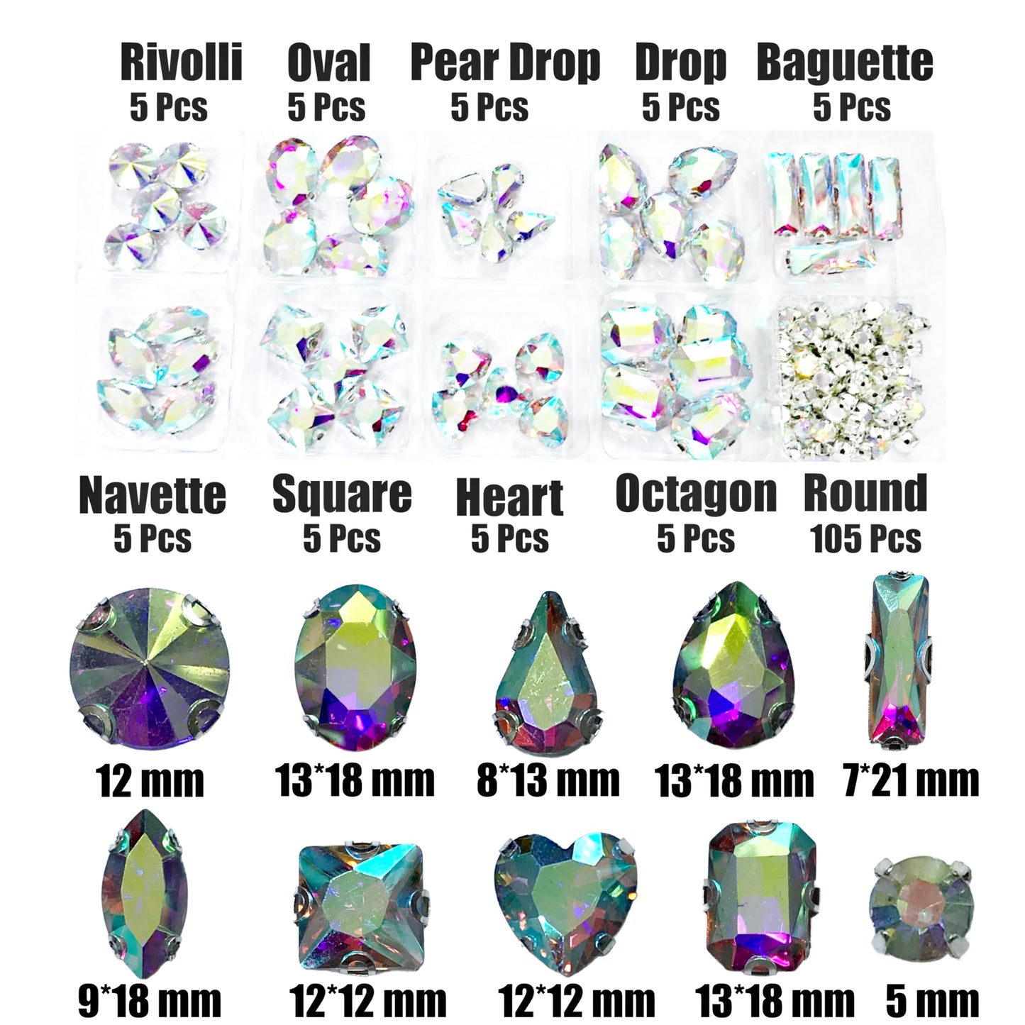 SOLASTA 150PCS Sew-On Glass Rhinestones with Stainless Steel Prong Setting, Mixed Shapes, Includes 1 Set Multiple Size Needles & 1 Roll Matching Thread for Jewelry, Clothes, Shoes" (Rainbow)