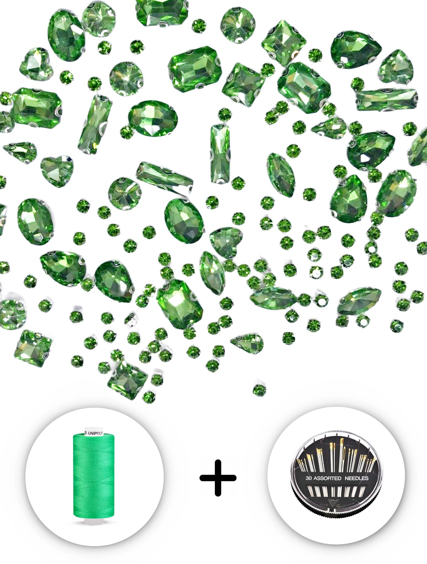 SOLASTA 150PCS Sew-On Glass Rhinestones with Stainless Steel Prong Setting, Mixed Shapes, Includes 1 Set Multiple Size Needles & 1 Roll Matching Thread for Jewelry, Clothes, Shoes" (Peridot Green)