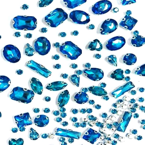 SOLASTA 150PCS Sew-On Glass Rhinestones with Stainless Steel Prong Setting, Mixed Shapes, Includes 1 Set Multiple Size Needles & 1 Roll Matching Thread for Jewelry, Clothes, Shoes" (Aqua Blue)