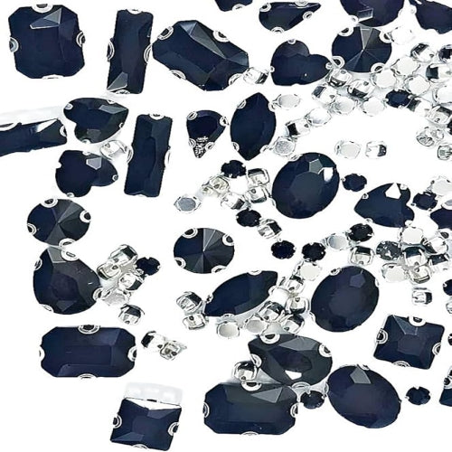 SOLASTA 150PCS Sew-On Glass Rhinestones with Stainless Steel Prong Setting, Mixed Shapes, Includes 1 Set Multiple Size Needles & 1 Roll Matching Thread(Black)