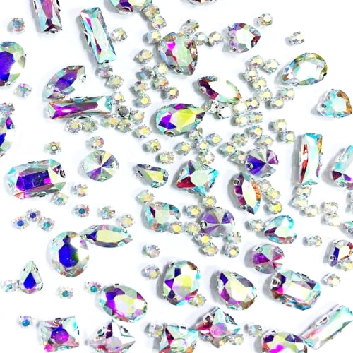 SOLASTA 150PCS Sew-On Glass Rhinestones with Stainless Steel Prong Setting, Mixed Shapes, Includes 1 Set Multiple Size Needles & 1 Roll Matching Thread for Jewelry, Clothes, Shoes" (Rainbow)