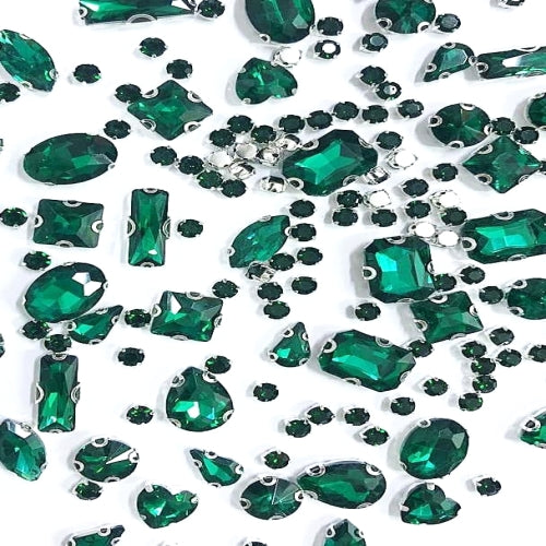 SOLASTA 150PCS Sew-On Glass Rhinestones with Stainless Steel Prong Setting, Mixed Shapes, Includes 1 Set Multiple Size Needles & 1 Roll Matching Thread for Jewelry, Clothes, Shoes" (Emerald Green)