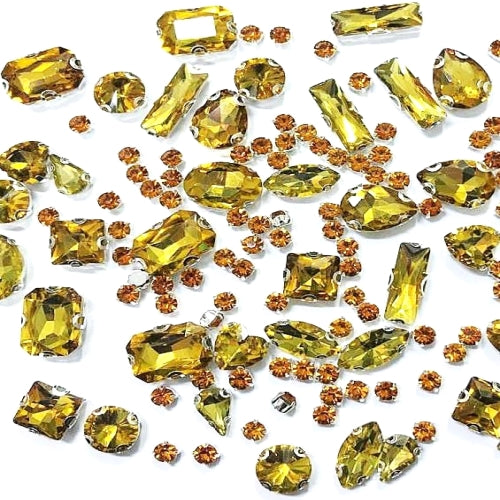 SOLASTA 150PCS Sew-On Glass Rhinestones with Stainless Steel Prong Setting, Mixed Shapes, Includes 1 Set Multiple Size Needles & 1 Roll Matching Thread for Jewelry, Clothes, Shoes" (Golden)