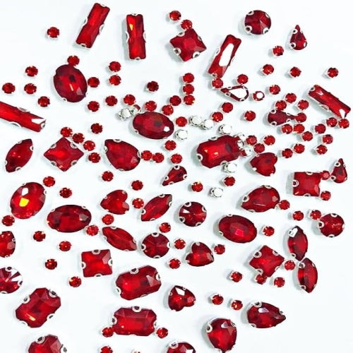 SOLASTA 150PCS Sew-On Glass Rhinestones with Stainless Steel Prong Setting, Mixed Shapes, Includes 1 Set Multiple Size Needles & 1 Roll Matching Thread for Jewelry, Clothes, Shoes" (Hot Red)