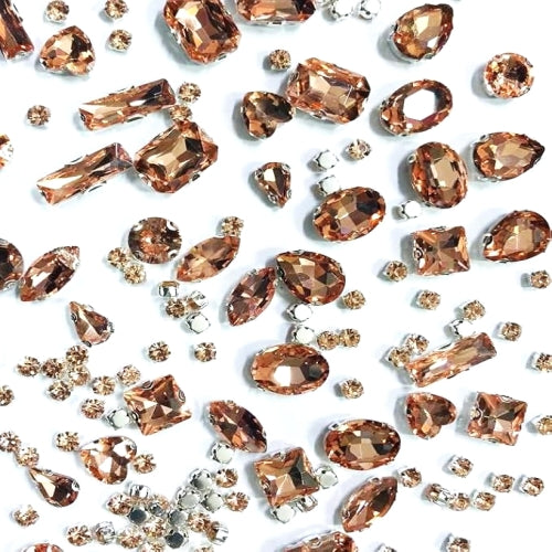 SOLASTA 150PCS Sew-On Glass Rhinestones with Stainless Steel Prong Setting, Mixed Shapes, Includes 1 Set Multiple Size Needles & 1 Roll Matching Thread for Jewelry, Clothes, Shoes" (Peach)