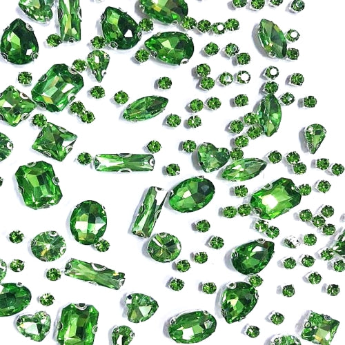 SOLASTA 150PCS Sew-On Glass Rhinestones with Stainless Steel Prong Setting, Mixed Shapes, Includes 1 Set Multiple Size Needles & 1 Roll Matching Thread for Jewelry, Clothes, Shoes" (Peridot Green)