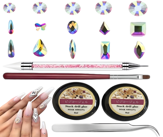 SOLASTA 1140 Pcs NAIL ART RHINESTONE KIT WITH 2Pcs NAIL GLUE, TWEEZERS, AND RHINESTONE PICKER PEN AND 1 Pcs NAIL BRUSH 11 CRYSTAL COLOR RHINESTONES SHAPES  (CRYSTAL AB)