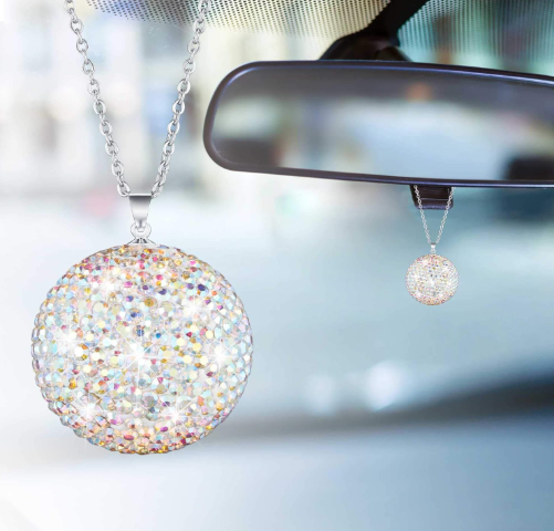 SOLASTA CRYSTAL BALL REAR VIEW MIRROR CHARM - RHINESTONE HANGING ORNAMENT, BLING CAR ACCESSORIES FOR WOMEN, SUN CATCHER, CAR INTERIOR DECORATION, GLAM CHARM FOR CARS.